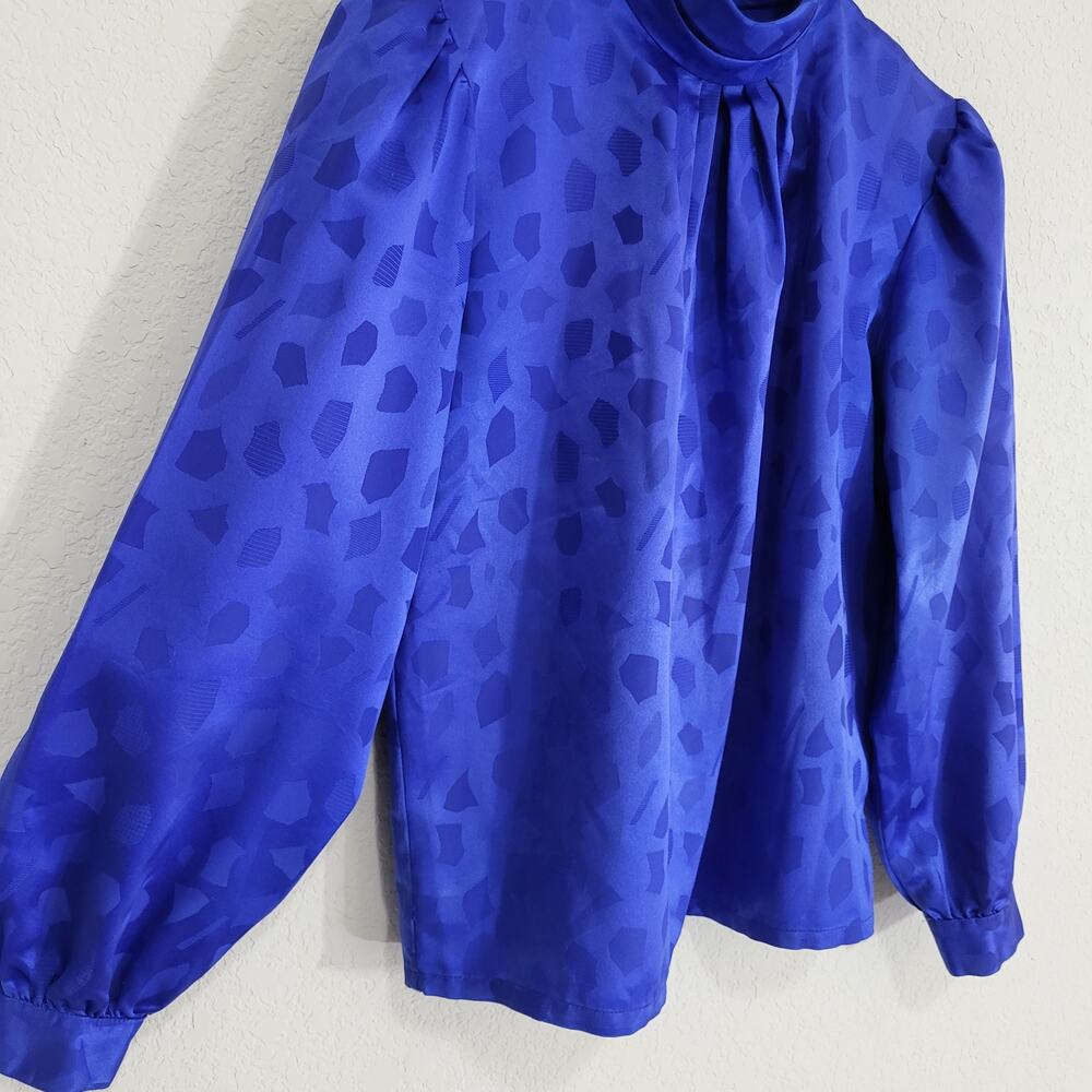 Vintage Blouse Petite Impressions Women  XS  Blue Jacquard Long Sleeve High Neck - Picture 9 of 11